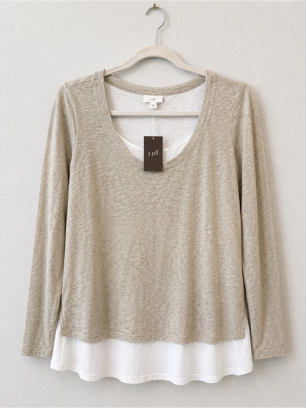 NEW J.Jill Layered Look Long Sleeve Top Heather Gray & White Size Medium NWT